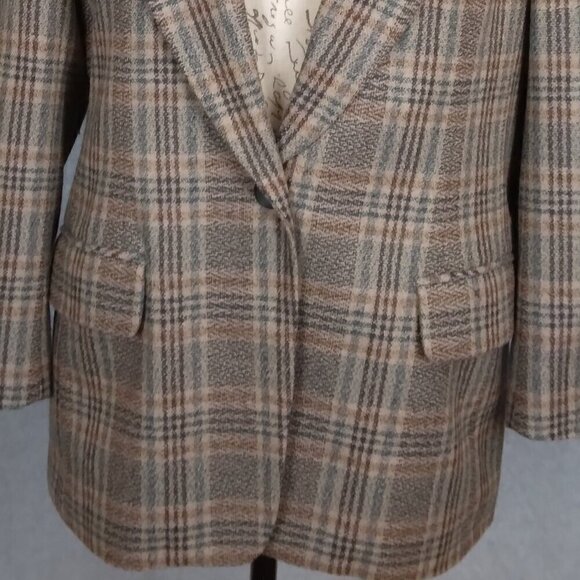 JH Collectibles | Vintage Plaid 100% Wool Blazer Lined Tan Blue | Size 10P - Picture 4 of 12